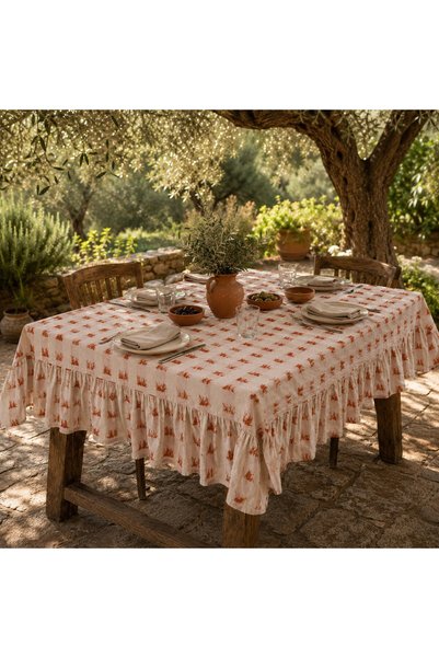 shules collection Buldan Linen Tasseled Ruffled Bohemian Tablecloth – Tile Brown