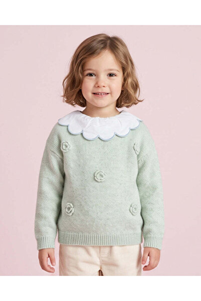 REDTAG Girls Green 3D Floral Pullover With Lace Collar