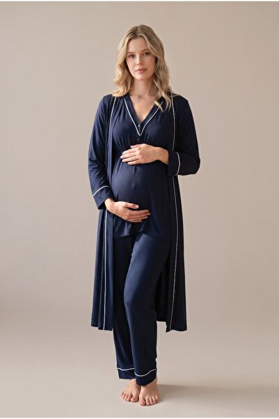 LOHOUSE Women's Navy Blue Pajama Set with Buttons and Pleated Detail for Mate...