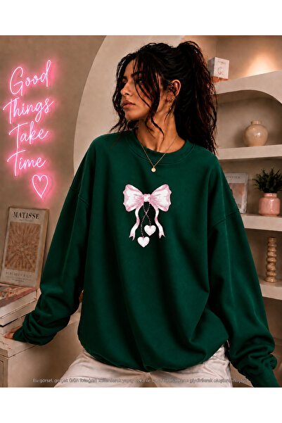 caddekombin Women's Heart Pink Ribbon Printed Round Neck Long Sleeve Sweatshirt