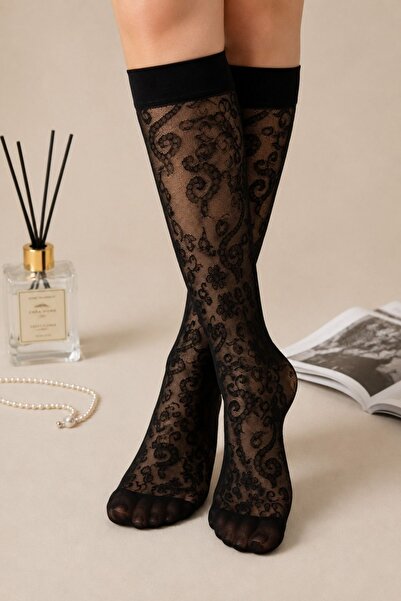 BELLA NOTTE Women's Black Floral Lace Transparent Below-Knee Thin Socks