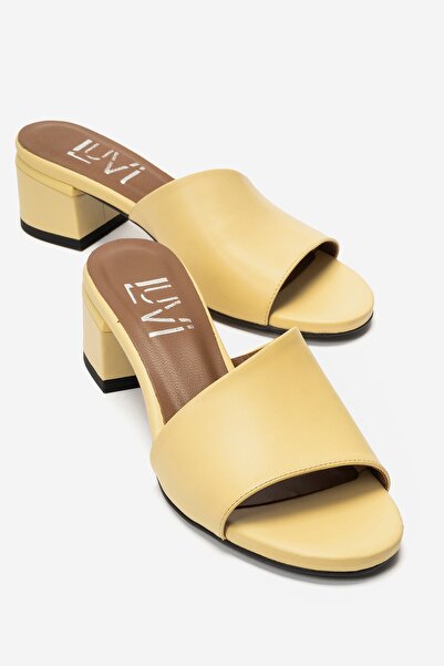LuviShoes Delavie Yellow Skin Genuine Leather Women's Thick Heeled Slippers