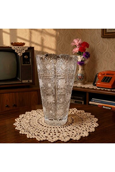 Hureggo vintage 80'ler Dönemi Ağır El Kesme Kristal Vazo - 25 cm Dev Boy