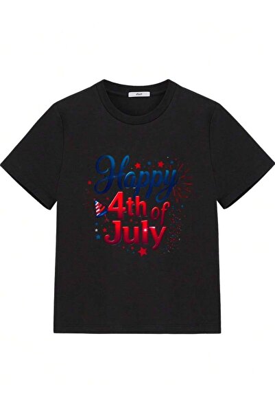 NOURAM July 4th Happy Retro Font T-Shirt Fireworks Trumpet Telescope Print To...