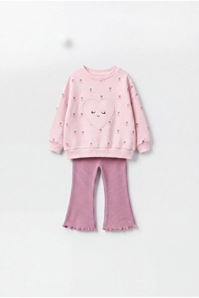 Magu Girl's Heart Detailed Pink Sweatshirt and Spanish Leggings Set