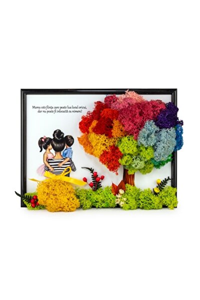 Yoobirim Box Tablou Mama & 2 Copii Decorat cu Licheni și Flori Uscate 21x15, ...
