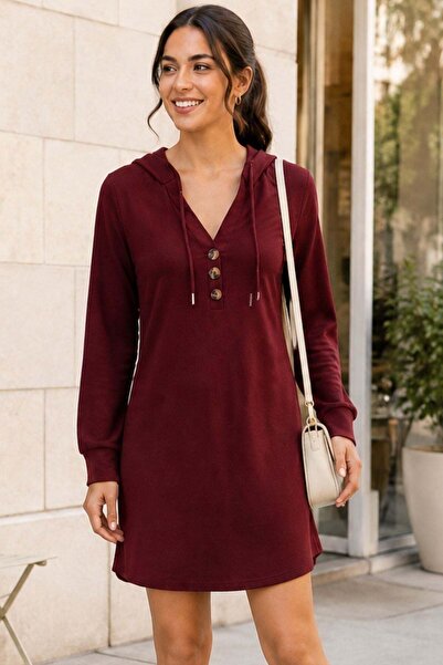 Mossta Hooded Buttoned Mini Waffle Dress - Burgundy