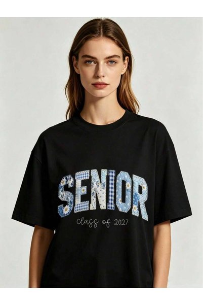 25W Women T Class Of 2027 Patchwork Design Graphic Tee, Senior Photo Casual Short Sleeve Top, High School Graduation Daily Wear Shirt