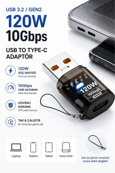 Polham USB to Type-C Dönüştürücü Adaptör 120W Hızlı Şarj 10Gbps Veri Aktarımı...