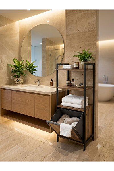 Mudesa Metal Ahşap Banyo Rafı Düzenleyici Çamaşır Kirli Sepeti Dolabı Rafı