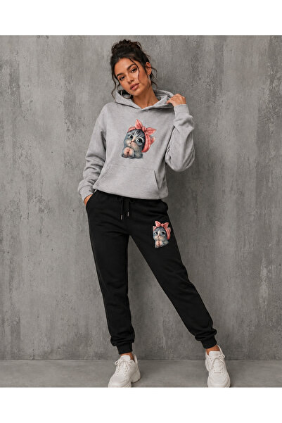 CLOTHES33 Hooded Sweatshirt 2-Piece Combination Winter Fleece Cute Cat Printe...