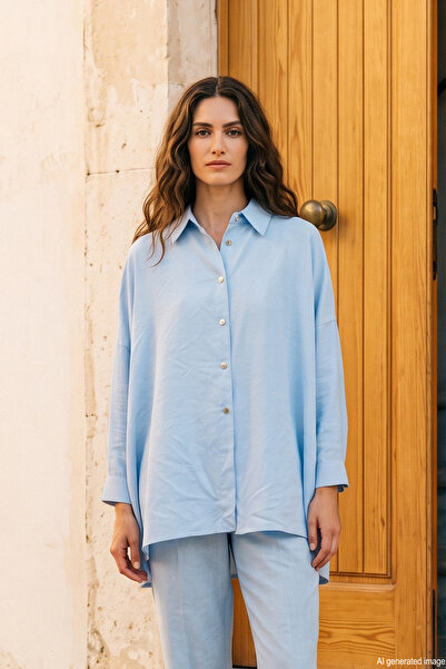 Lale Butik Straight Cut Button Detailed Modal Shirt 19605 Blue