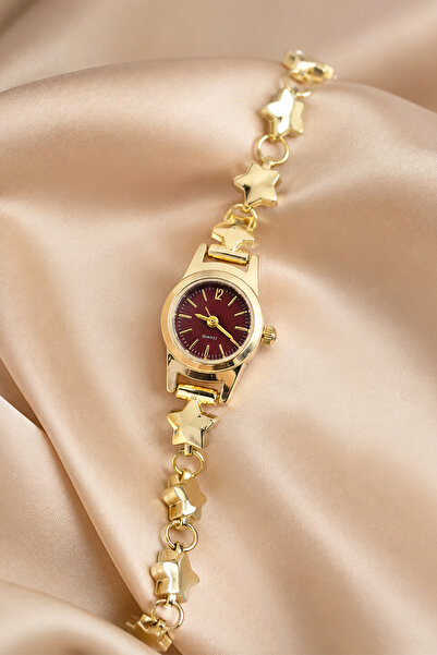 İnogge Women's Gold Star Figured Claret Red Dial Elegant Metal Band Minimal V...