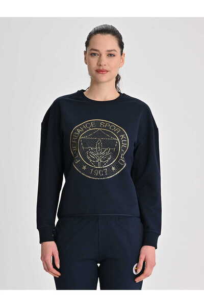 Fenerbahçe Lacivert Tribün Altın Logolu Kadın Crop Oversize Sweatshirt