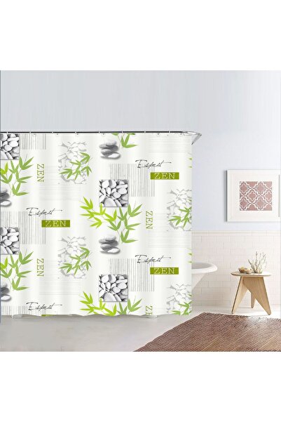 Zâna Casei White PEVA Shower Curtain with Zen Bamboo Branches Stones 180x180cm