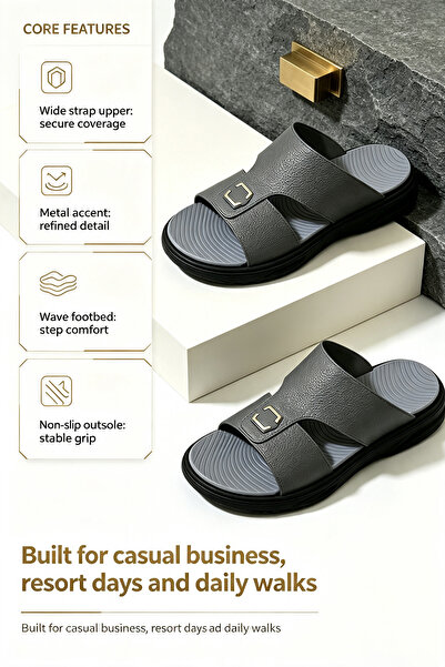 Al Masheel Store Locally Manufactured Saudi Men Double‑Strap Leather Slides, ...