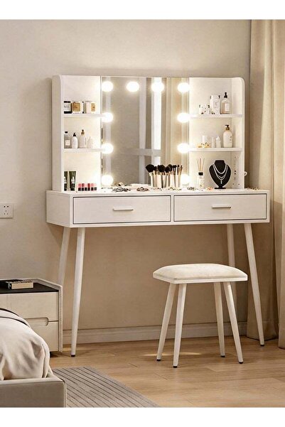 Generic Dressing Table with Lamp and Mirror, 100cm Vanity Table with Soft Sto...