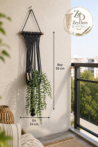 El Yapımı Antrasit Gri Makrome Saksılık | Bohem Duvar Askılı Çiçeklik | Dekoratif Saksı Askısı | Balkon & Ev Dekoru