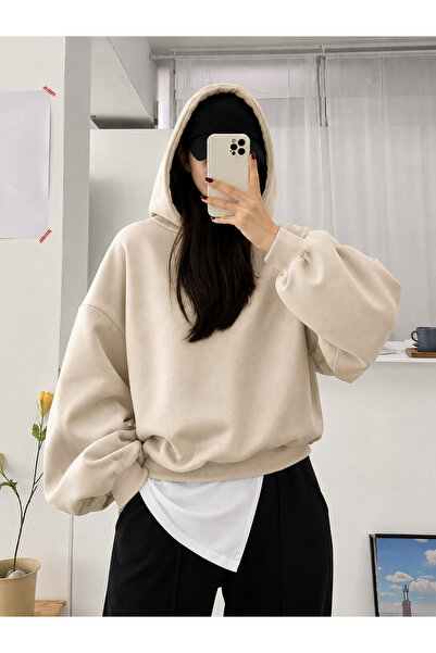 MOONBULL Kadın Kışlık 3 İplik Şardonlu Kapüşonlu Sweatshirt