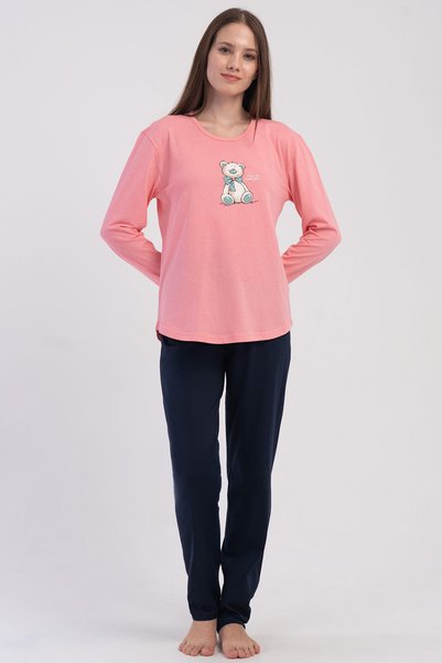 VİENETTA Women's 100% Cotton Rose Bloom Pajamas, Pink Long Sleeve Top with Te...