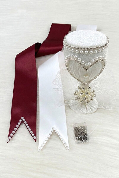 ZEYMERADE Jewelry Ribbon Set, White Heart Pin, Burgundy White Pearl Bridal Gr...