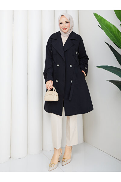 RACE FASHİON Apolet Detailed Belted Buttoned Pocketed Hijab Trench Coat Rc3145