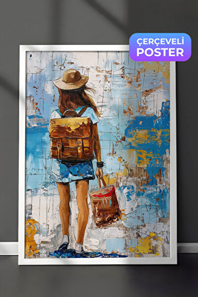 Zestia White Framed Oil Painting Art Wall Painting, Backpack Traveller Woman ...