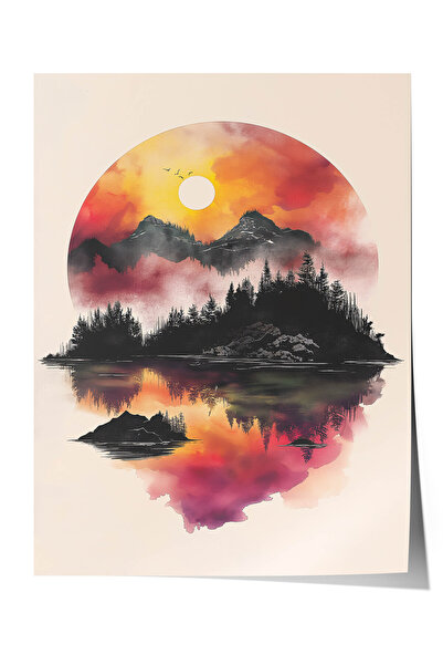 Zestia Akvarel umetnički premium poster, planina i jezero u zalazak sunca, br...