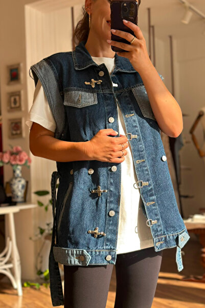 Unique Boutique Oversized Denim Vest with Color Transition and Accessory Details