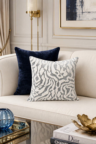 Fuly Consept Avangart Desenli Gri Lacivert Kırlent Kılıfı 43x43 cm 2’li Set