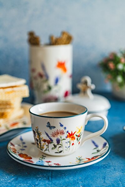 MPLCO Ceașcă cu farfurioară pentru cafea și ceai, 250 ml, cu flori albe, set ...