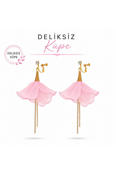 1PARÇAMAVİ Hole-Free Compression Clip Women's Earrings - Chiffon Fabric Flora...