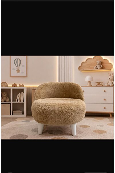 DERN HOME Teddy Yumuşak Peluş Kumaş Kahverengi Rahat Çocuk Koltuğu Doğal Ahşap Gürgen Ayaklı