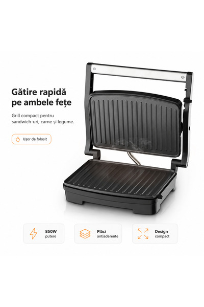 iTin Grătar electric compact 850W, 220V, plăci duble antiaderente, carne, leg...