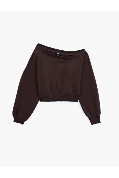 Koton Long Sleeve Three Thread Asymmetric Boat Neck Off Shoulder Sweatshirt