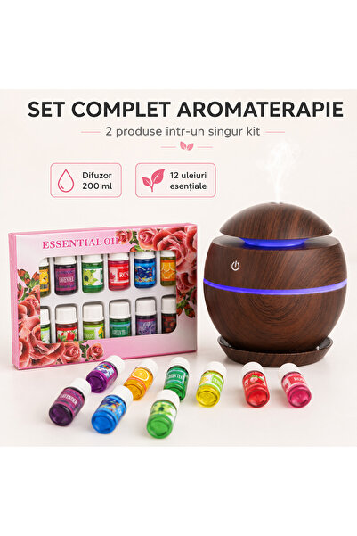iTin Set aromaterapie 13 piese, difuzor ultrasonic 200 ml cu LED, maro închis...