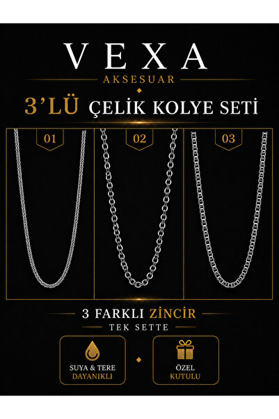 Vexa Aksesuar Vexa Accessory Trio Steel Necklace Set Silver Color Tarnish Res...