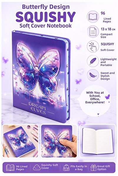 Artlantis Caiet cu copertă moale Butterfly Squishy 96 coli 13x18cm 1 bucată D...