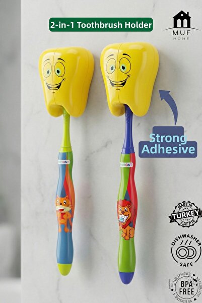 MUF HOME Δοχείο οδοντόβουρτσας με 2 φιγούρες χαμογελαστών δοντιών - Επιτοίχιο...