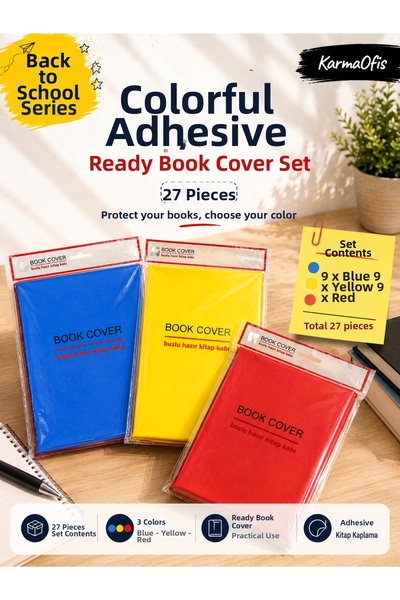 KarmaOfis 27 Pieces of Colorful Adhesive Ready-To-Use Book Covers Set Blue Ye...