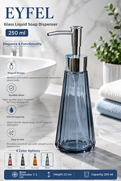 MAKRİ HOME Дозатор за течен сапун Eyfel от стъкло, 250 мл, син, 7.5x22 см
