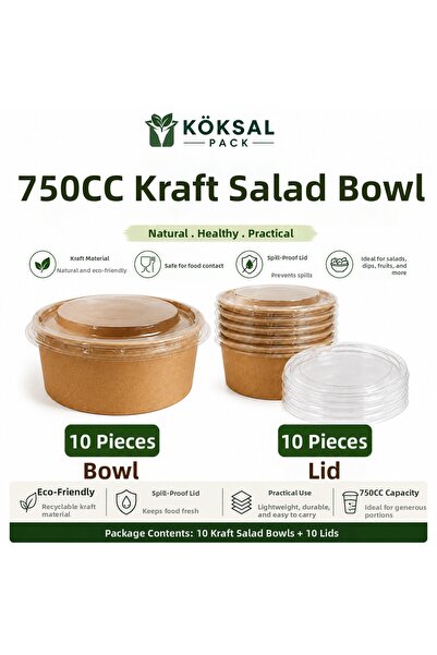 Köksal Pack 10 Pieces 750 Cc Kraft Salad Bowl with 10 Pieces Transparent Pet ...