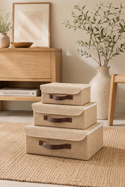 Dathcha 3-Piece Jute Organizer with Lid S-M-L Size Closet Shelf Wardrobe Text...
