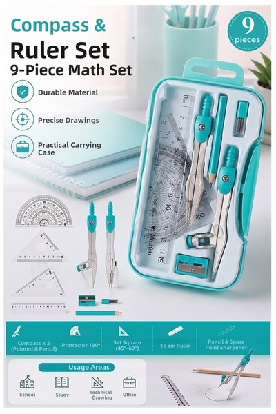 Artmaster Green Metal Compass Set 9 Pieces 1 Pack 9121 Professional Compass D...