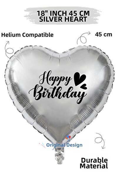 Organizasyon Pazarı 18 Inch Silver Heart Foil Balloon |   Happy Birthday Hear...
