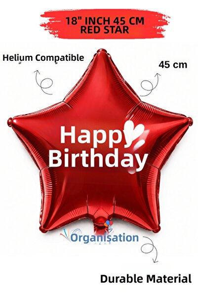 Organizasyon Pazarı 18 Inch Red Star Foil Balloon |   Happy Birthday Heart Pr...