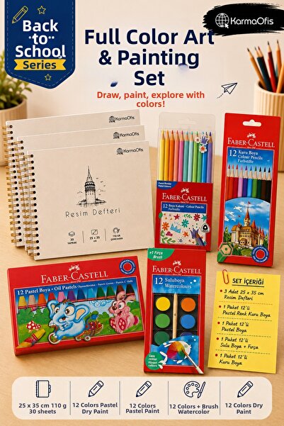 Faber Castell 25x35 cm 110 gr Bloc de desen spiralat Set de 12 vopsele uscate...