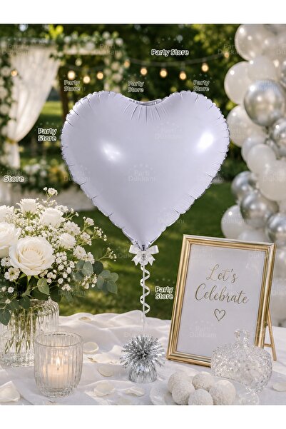 Parti Dükkanı White 18 Inch Heart Foil Balloon Helium Compatible Birthday Val...
