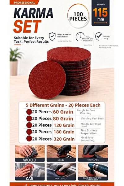 NEXTRA 100 Pieces 115 mm Velcro Sanding Disc Set Mixed (20X60 / 20X80 / 20X12...