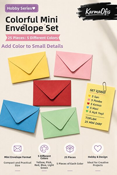 KarmaOfis Set de mini plicuri colorate 7x9 cm – 5 culori pentru hobby, invita...